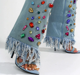 Knee High Blue Denim Crystal Sandal Boots
