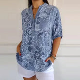 Breezy Floral V-Neck Top | Lightweight Polyester Blouse With Roll-Tab Sleeves