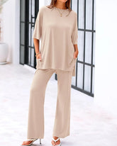 Comfort Two-Piece Lounge Set | Crew-Neck Top & Wide-Leg Pocket Pants