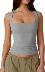🏆Oferta Flash⚡ ¡Más de 50 mil vendidas! ¡Casi agotadas! 💥⏰Camisetas sin mangas de doble capa con cuello cuadrado para mujer, camisetas básicas ajustadas cortas