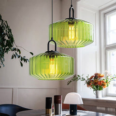 Elegant Pendant Light with Striped Green Glass Shade – Vintage Style for Dining and Kitchen