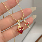 Fervor Heart Cross Pendant Necklace | Red Accent, Adjustable 16.1-19.7 In Chain