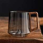 FlarePeak Glass Mug with Mountain Base and Wooden Handle – 400-500ML Durable Drinkware