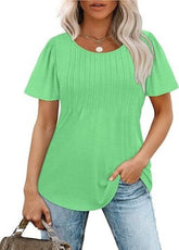 Liora Pleated Short Sleeve Top | Scoop Neck Pull-On Women's Blouse