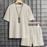 Metro Textured Stripe Men's Cotton Tee and Drawstring Shorts Set | Relaxed Fit
