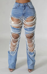 Plus Size Daily Jeans Casual Blue Pearls Denim Jeans【Free Shipping】