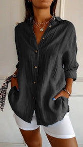Prism Pleated Plus Size Lapel Shirt | Long Sleeve Breathable Spandex Top