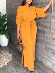 Serene V-Neck Two-Piece Dress | Lightweight Polyester Blend & Side Slits