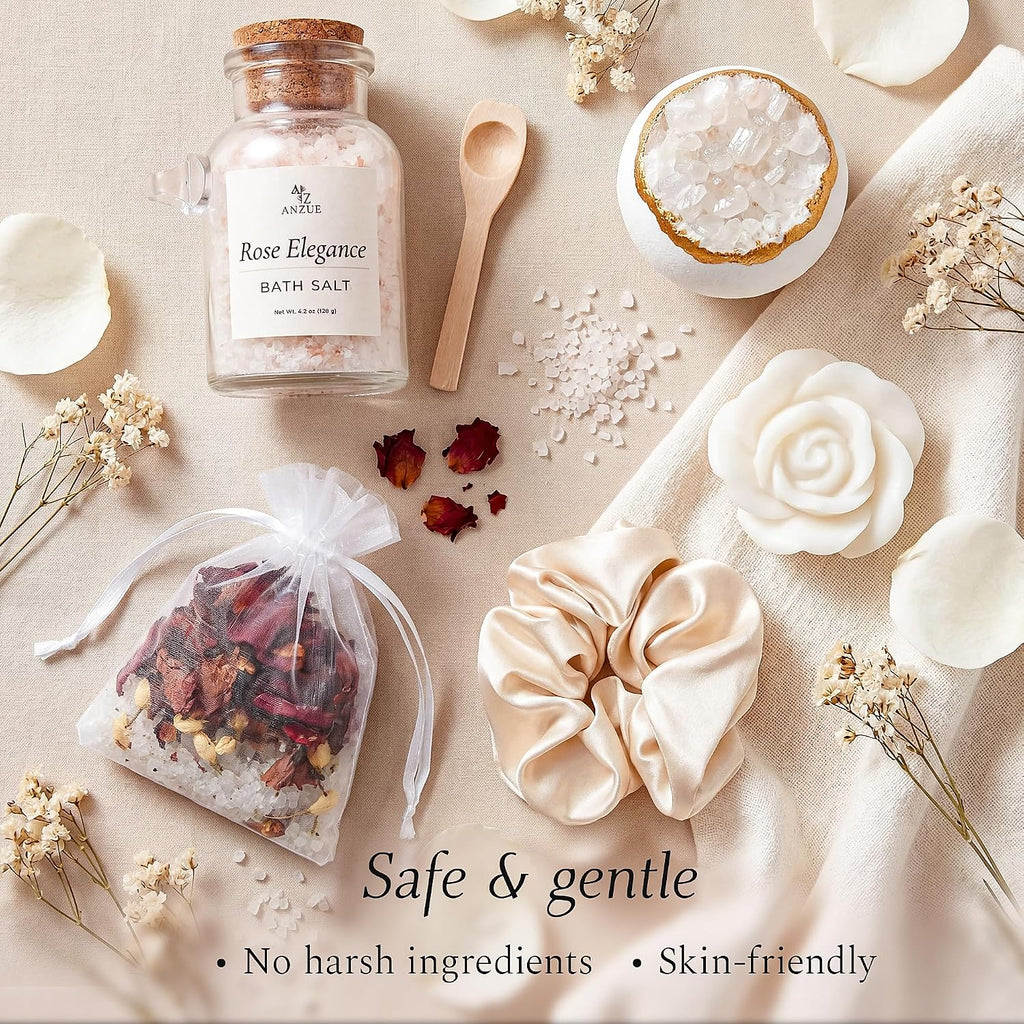 Rose Bath Gift Set for Women – Luxury Spa Gift Basket with Rose Candle, Bath Salt, Bath Bomb, Self Care Kit – Elegant Birthday Gift for Mom, Wife or Girlfriend, Bridal Shower Gifts for Bride