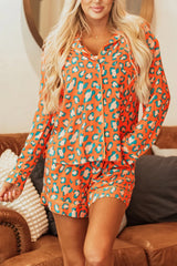 Leopard Collared Neck Long Sleeve Top and Shorts Lounge Set Trendsi