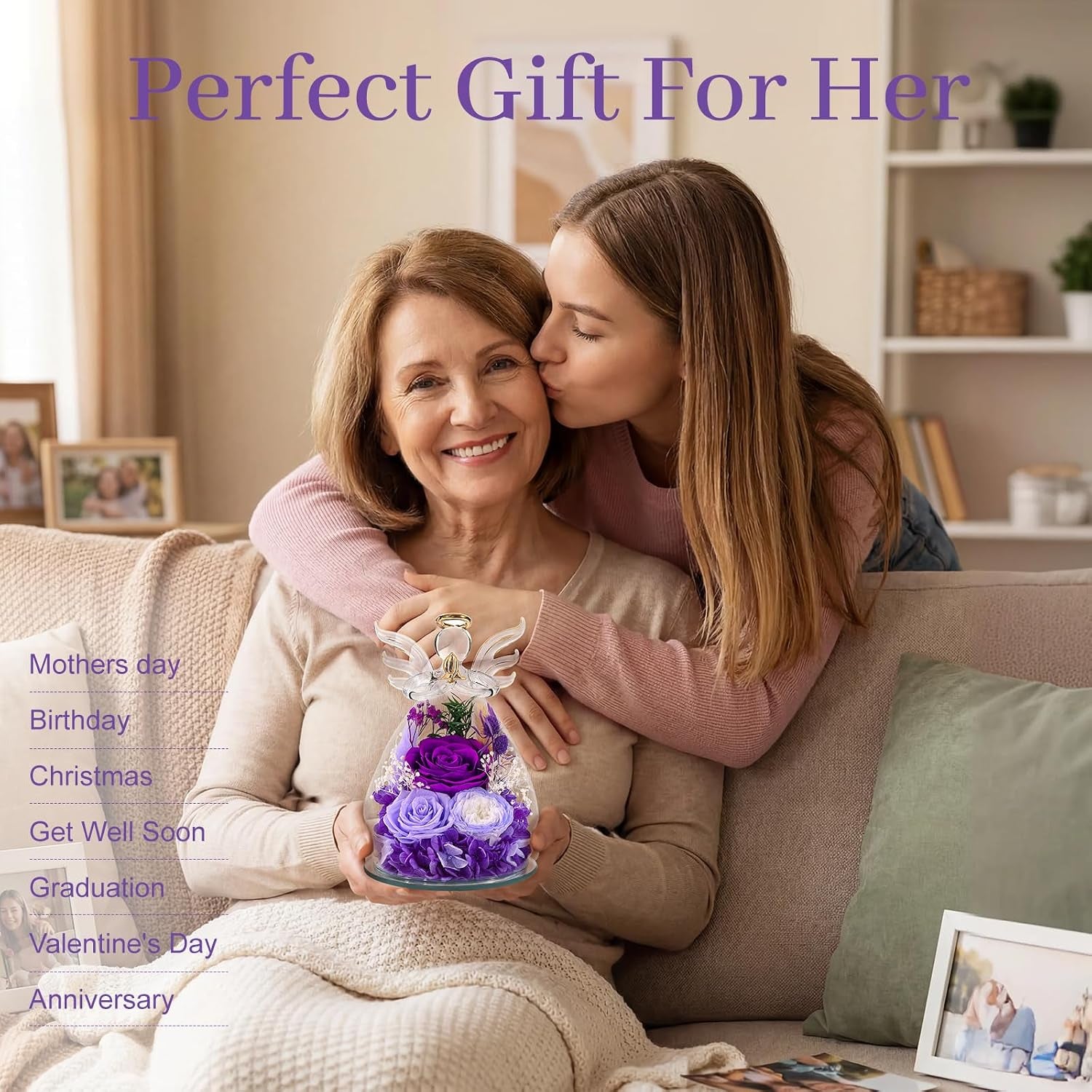 Gifts for Women Birthday Gifts for Mom Flowers for Delivery Fresh Eternal Preserved Rose Forever Flower in Glass Angel Figurines Gift Anniversary for Grandma Wife Sister Daughter Friends