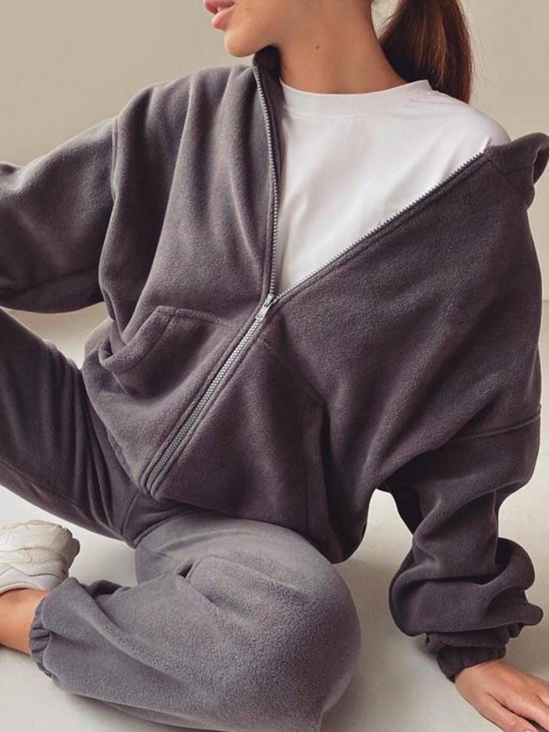 Zip Up Long Sleeve Hoodie and Joggers Set Trendsi