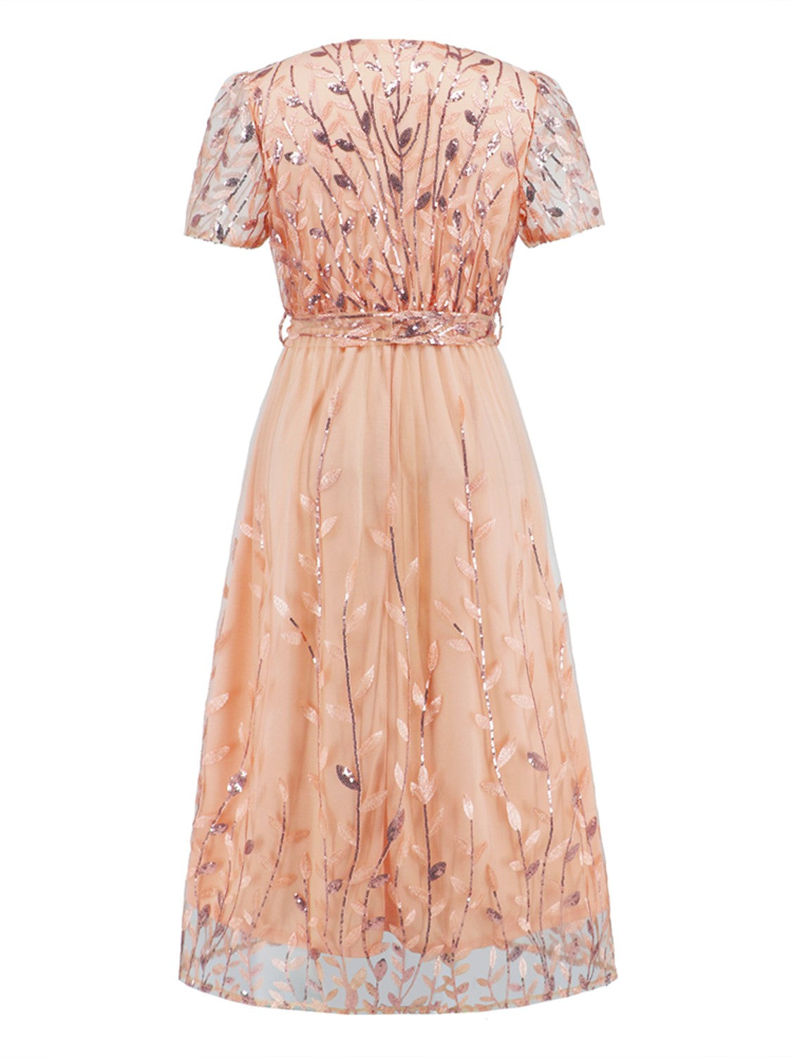 Sequin Leaf Embroidery Tie Front Short Sleeve Dress Trendsi