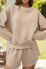 Quilted Round Neck Long Sleeve Top and Shorts Set Trendsi