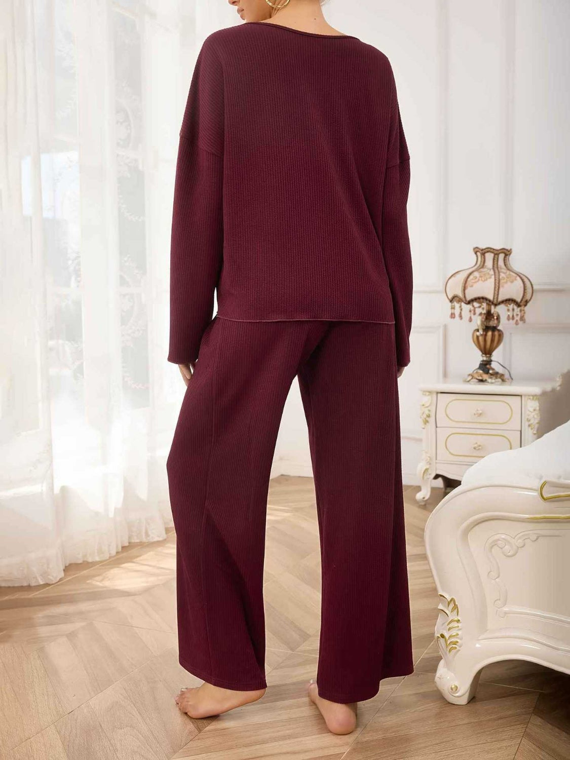 V-Neck Long Sleeve Top and Wide Leg Pants Set Trendsi