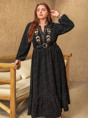 Plus Size Embroidered Polka Dot Notched Long Sleeve Dress Trendsi