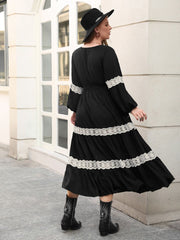 Plus Size Lace Detail V-Neck Long Sleeve Midi Dress Trendsi