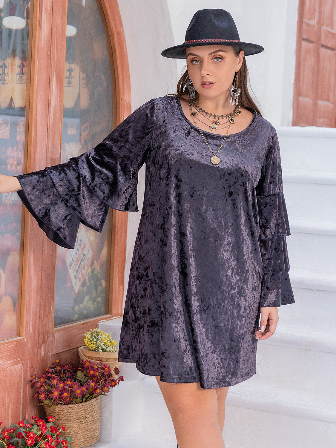 Plus Size Round Neck Flounce Sleeve Mini Dress Trendsi