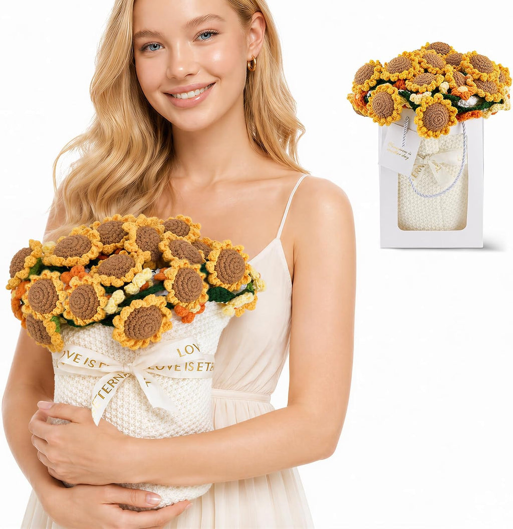 Crochet Flowers Rose Bouquet Blanket,Sunflower Gifts for Women,Cozy Yellow Throw Blanket for Couch,Birthday Gifts for Girlfriend Grandma Mom Teacher Sister Best Friend