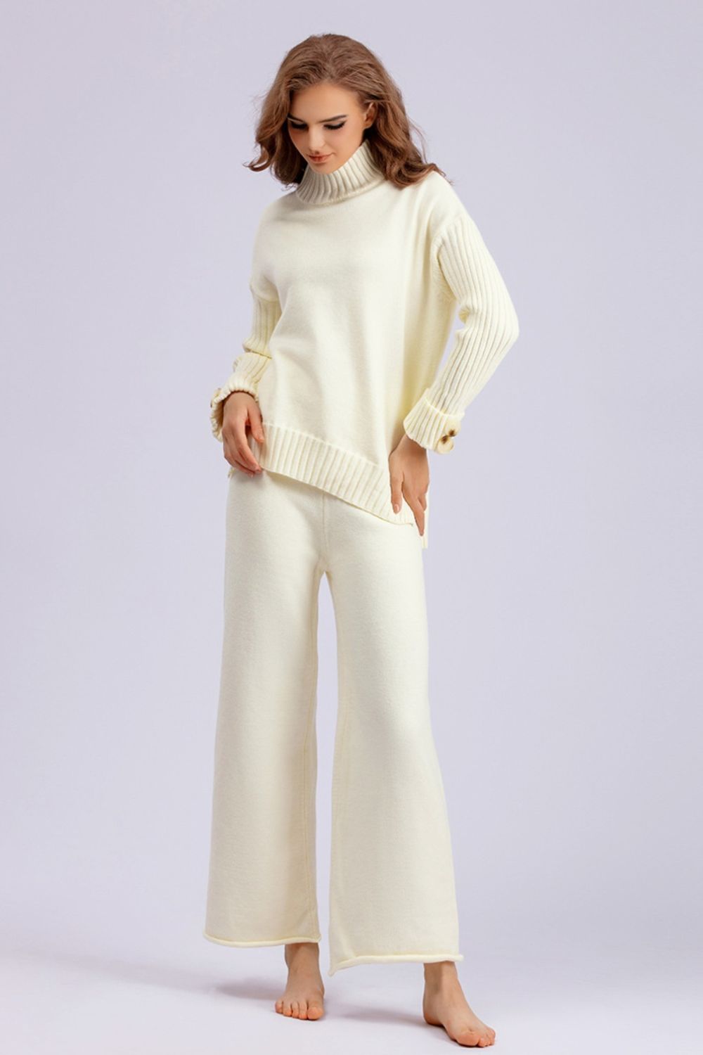 Basic Bae High- Low Turtleneck Long Sleeve Top and Pants Sweater Set Trendsi