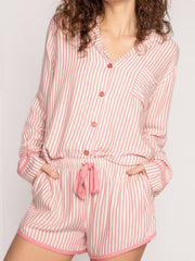 Striped Collared Neck Long Sleeve Top and Shorts Lounge Set Trendsi