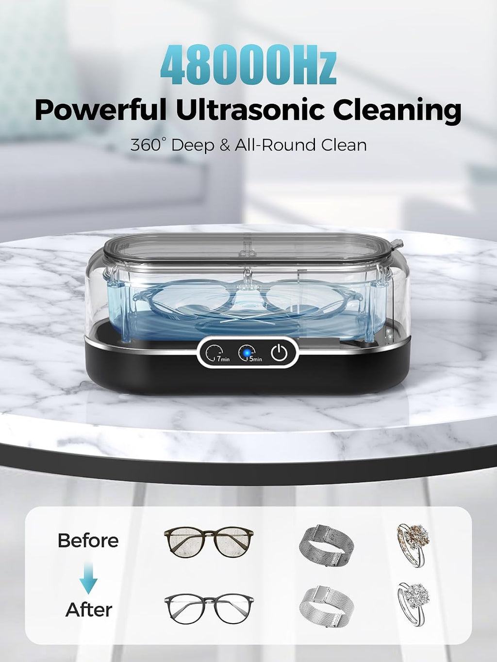 Ultrasonic Jewelry Cleaner, 48Khz Jewelry Ultrasonic Cleaner Machine for All Jewelry, Glasses, Rings, Retainers, Watch Strap, Dentures, 304 Stainless Steel 12Oz Cleaning Pod - Matte Black