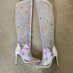 White Mesh Colorful Butterfly Knee-High Boots – Elevate Your Style