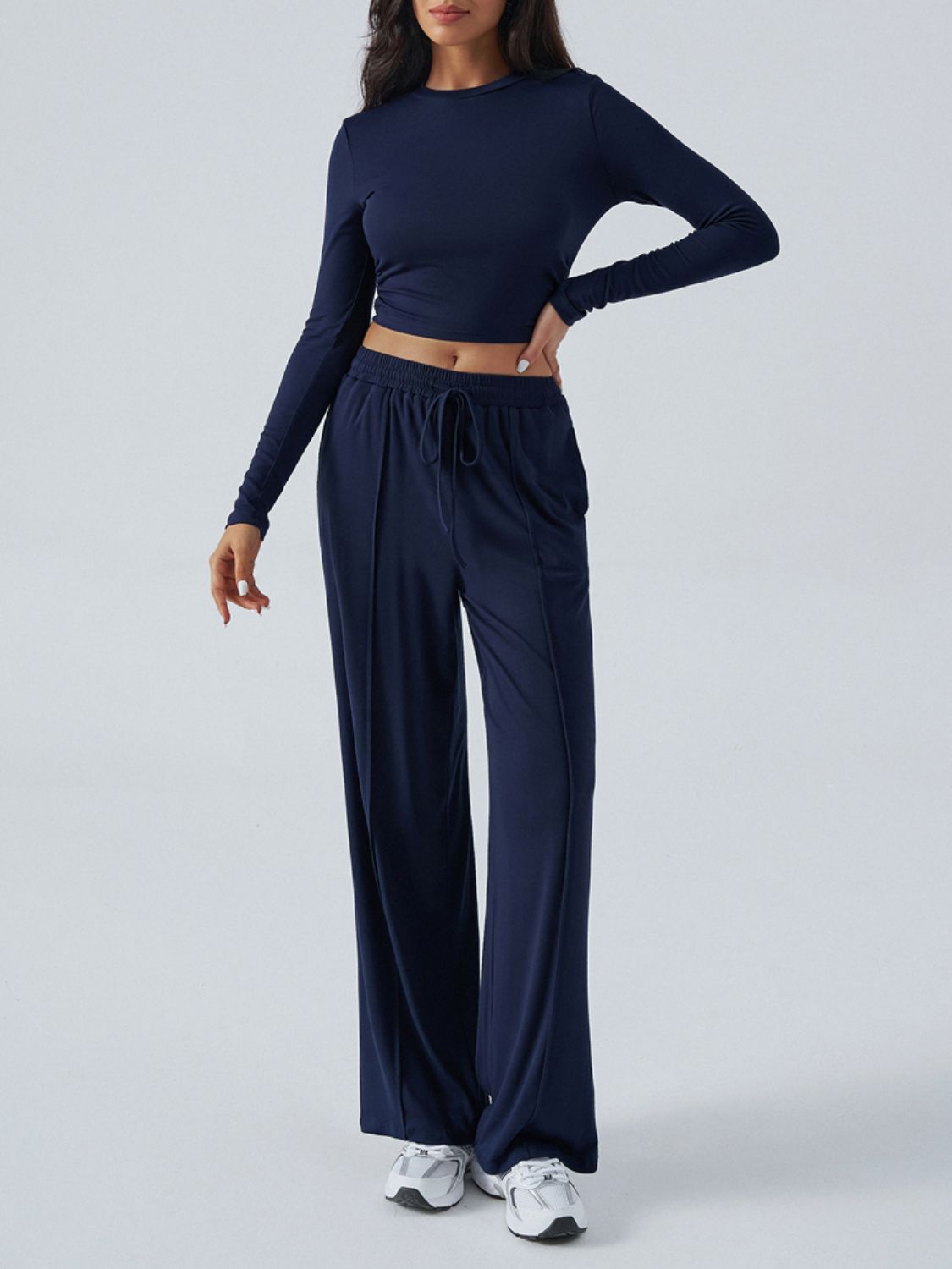 Devine Round Neck Long Sleeve Top and Pants Set Trendsi