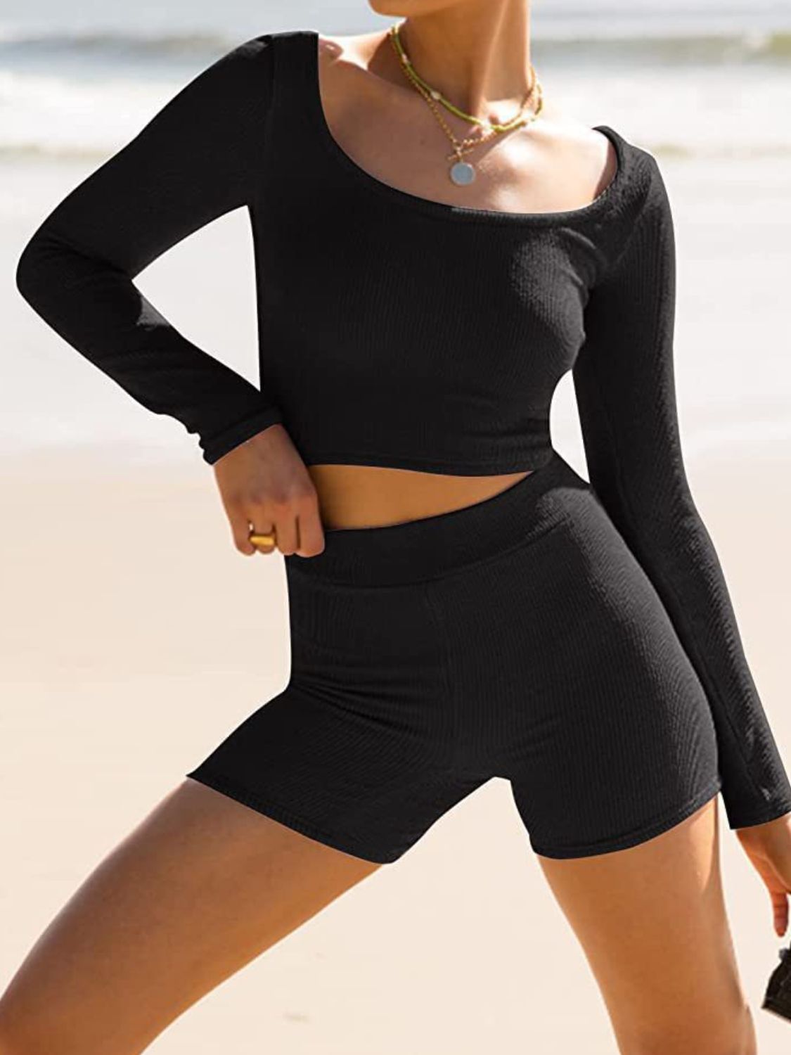 Scoop Neck Long Sleeve Top and Shorts Set Trendsi