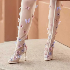 White Mesh Colorful Butterfly Knee-High Boots – Elevate Your Style