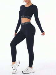 Letter Print Round Neck Long Sleeve Top and Leggings Active Set Trendsi