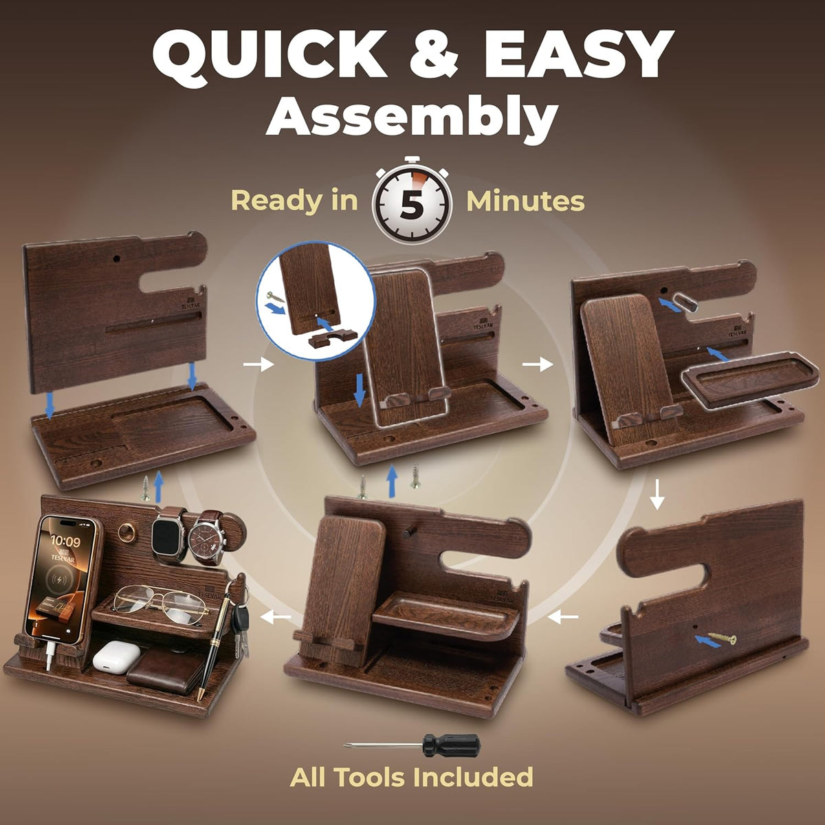 Wood Phone Docking Station for Men - Desk or Nightstand Organizer - Birthday Gifts for Husband, Dad - Anniversary Idea from Wife - Key Holder, Stand Wallet, Watch & Essentials (Bourbon Brown)
