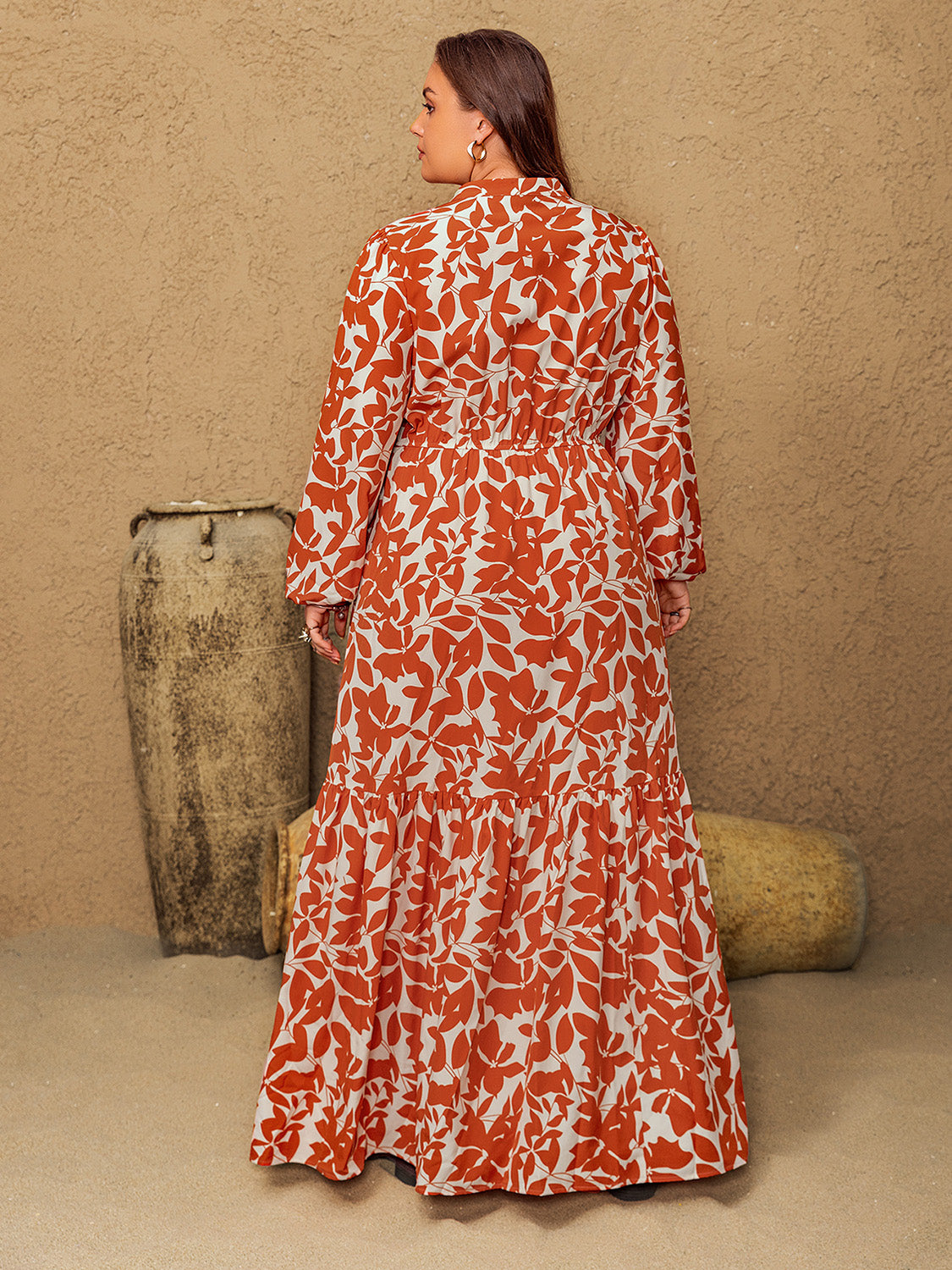 Plus Size Printed Notched Long Sleeve Maxi Dress Trendsi