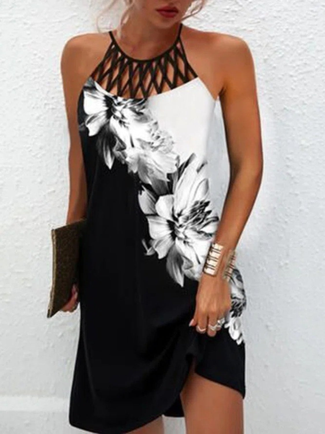 Printed Grecian Neck Mini Dress Trendsi