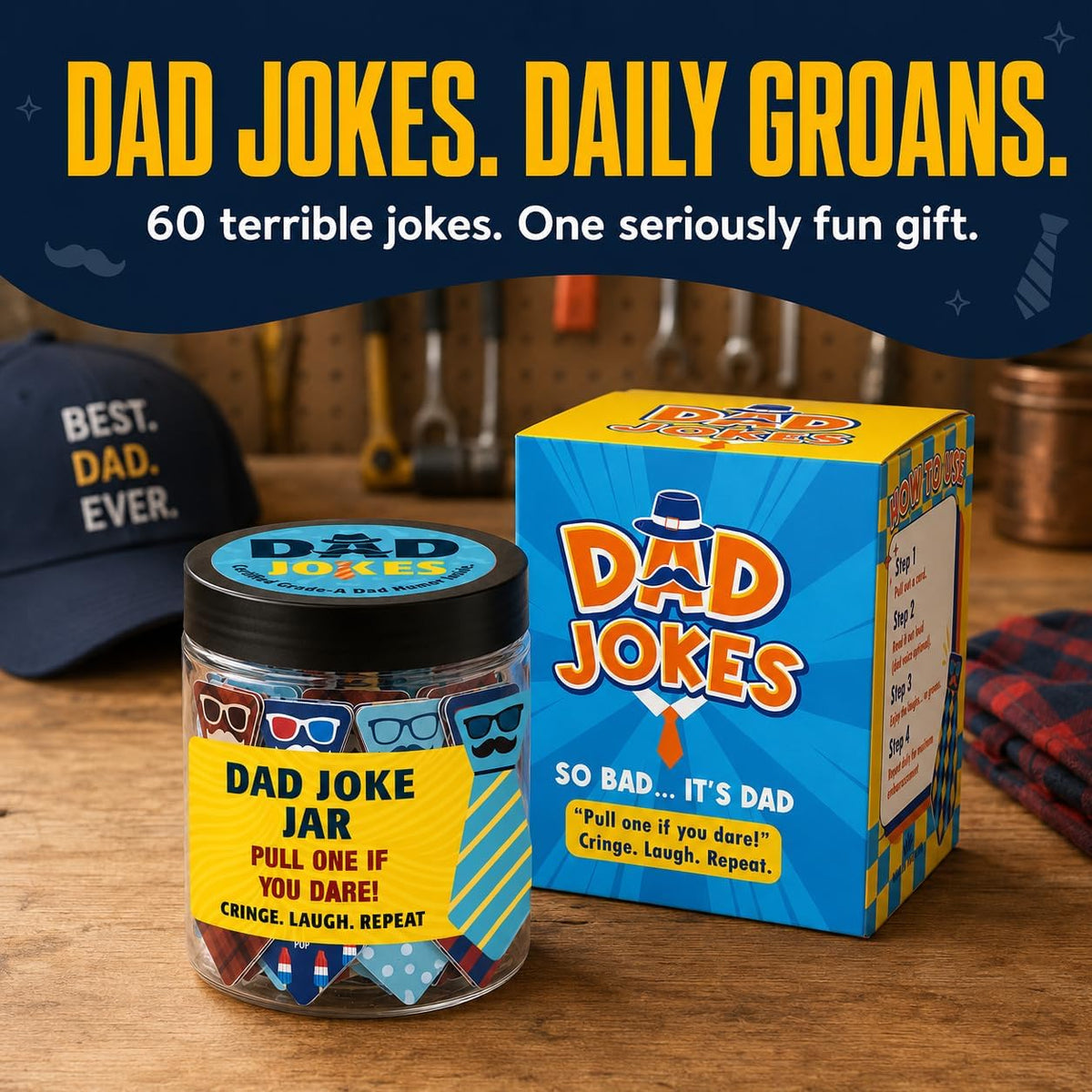 60 Dad Jokes Jar, Funny Dad Birthday Gift, Gag Gifts for Men