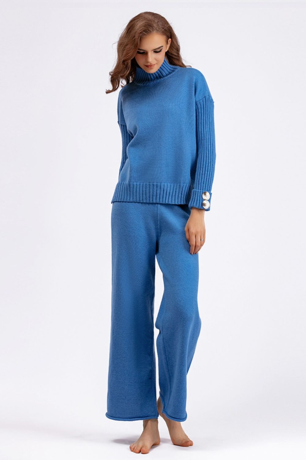 Basic Bae High- Low Turtleneck Long Sleeve Top and Pants Sweater Set Trendsi