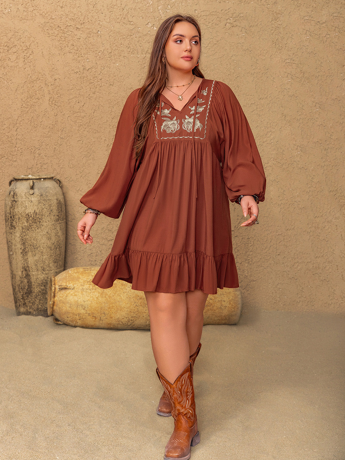 Plus Size Embroidered Tie Neck Balloon Sleeve Mini Dress Trendsi