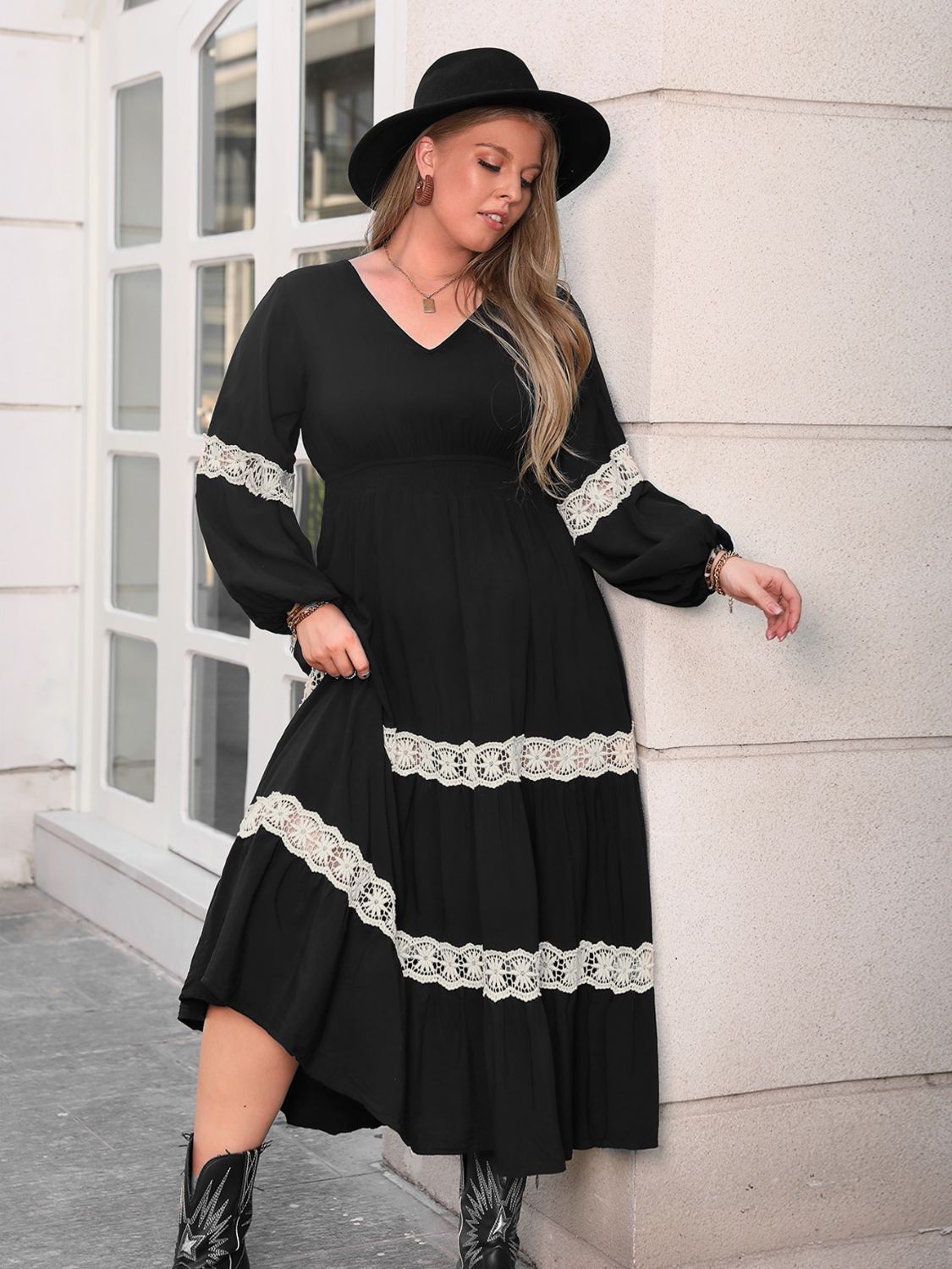 Plus Size Lace Detail V-Neck Long Sleeve Midi Dress Trendsi