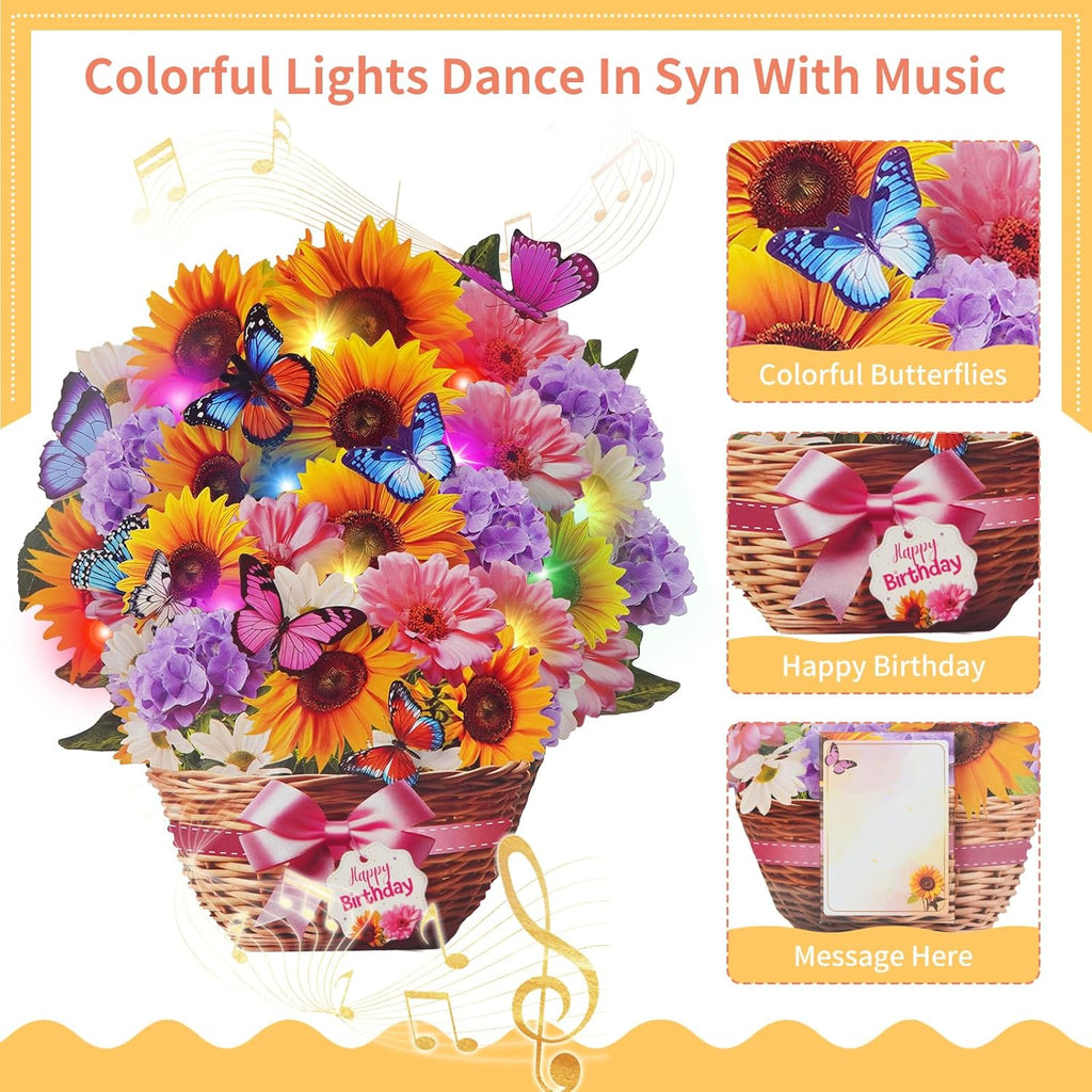 Birthday Card with MUSIC LIGHTS, Pop up Sunflower Bouquet for Women