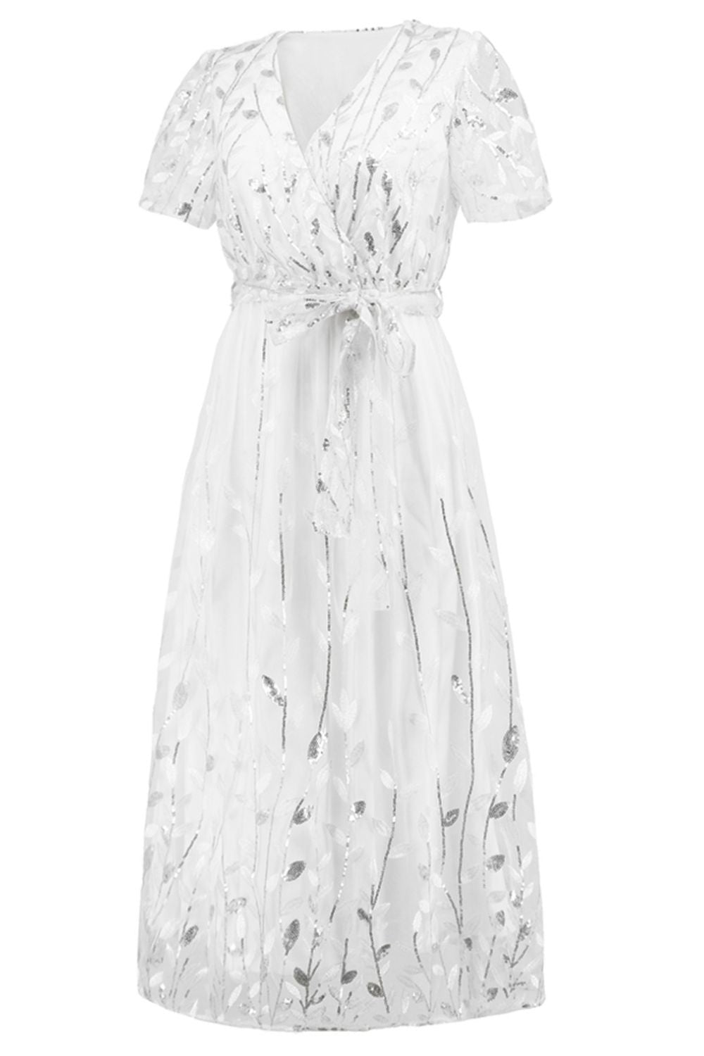 Sequin Leaf Embroidery Tie Front Short Sleeve Dress Trendsi