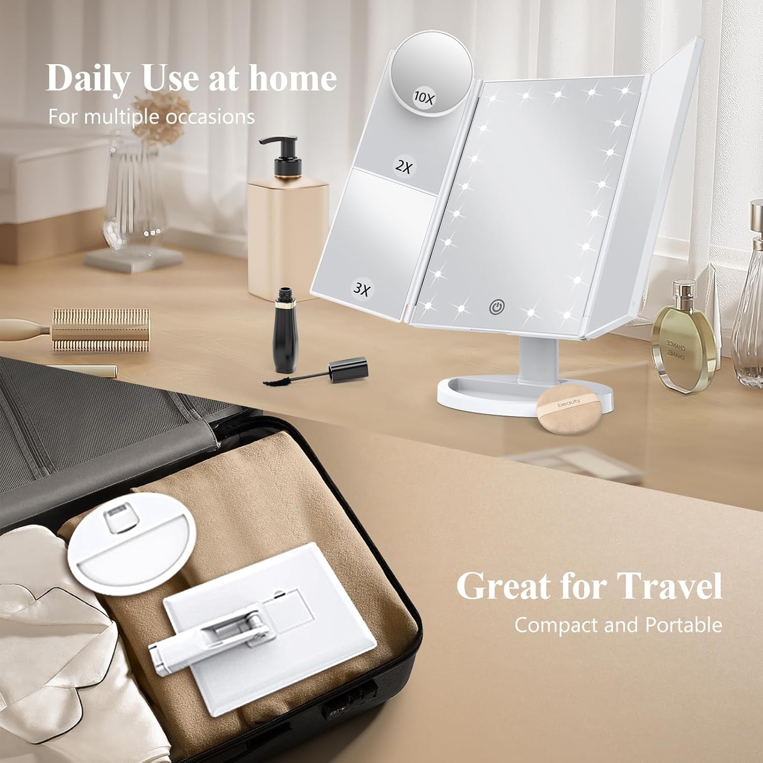 2X/3X/10X Magnifying Vanity Mirror with Light, Trifold Makeup Mirror