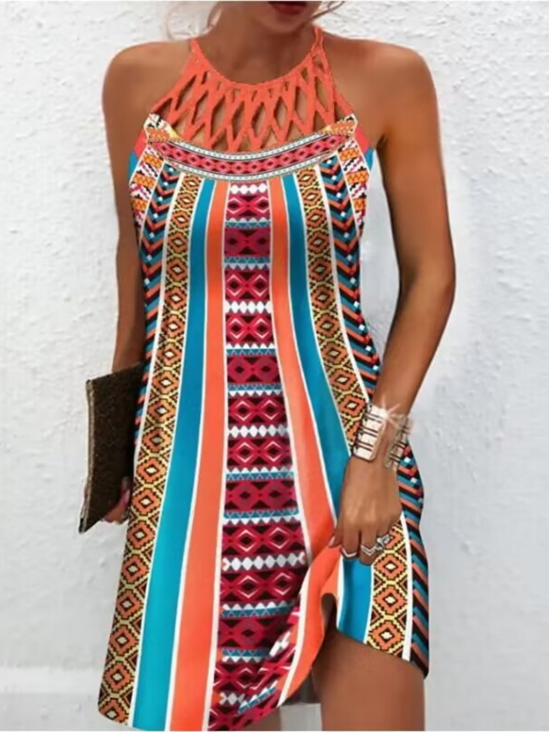 Printed Grecian Neck Mini Dress Trendsi