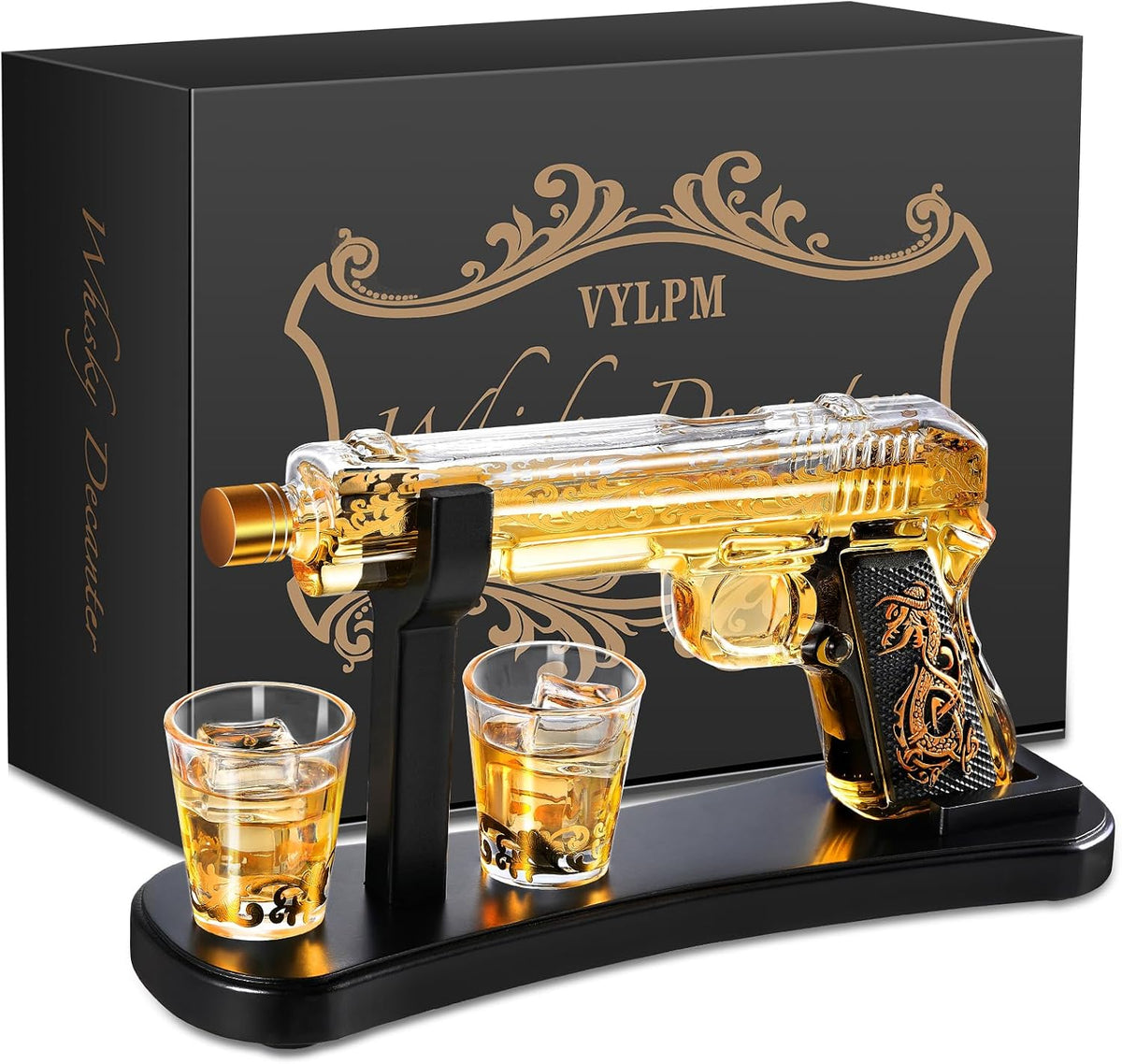 Handcrafted Gun Whiskey Decanter Set -Luxury Lead-Free Glass, Unique Non-Alcoholic Gift for Men, Husbands &Bourbon Lovers, Man Cave & Home Bar Decor with 2 Glasses by
