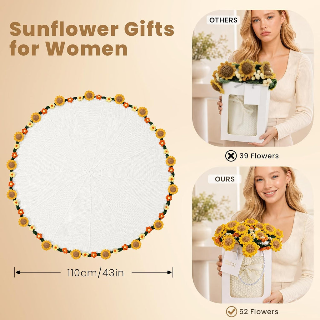 Crochet Flowers Rose Bouquet Blanket,Sunflower Gifts for Women,Cozy Yellow Throw Blanket for Couch,Birthday Gifts for Girlfriend Grandma Mom Teacher Sister Best Friend