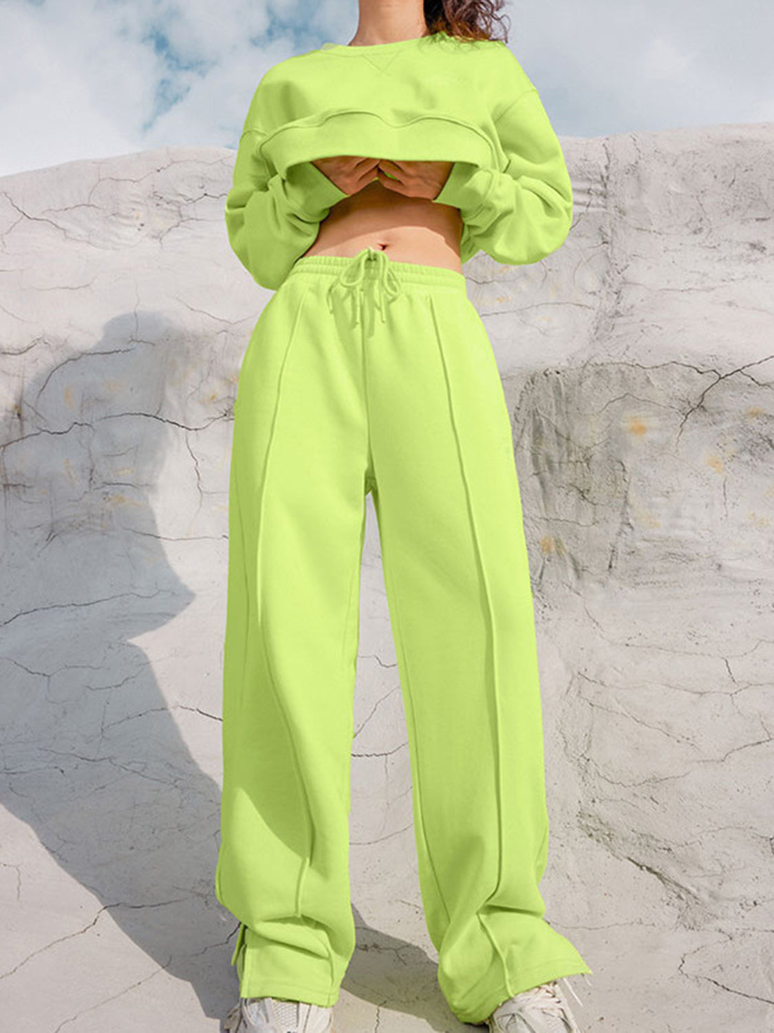 Round Neck Long Sleeve Top and Elastic Waist Pants Set Trendsi