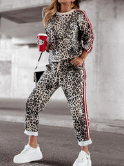 Leopard Round Neck Long Sleeve Top and Pants Set Trendsi