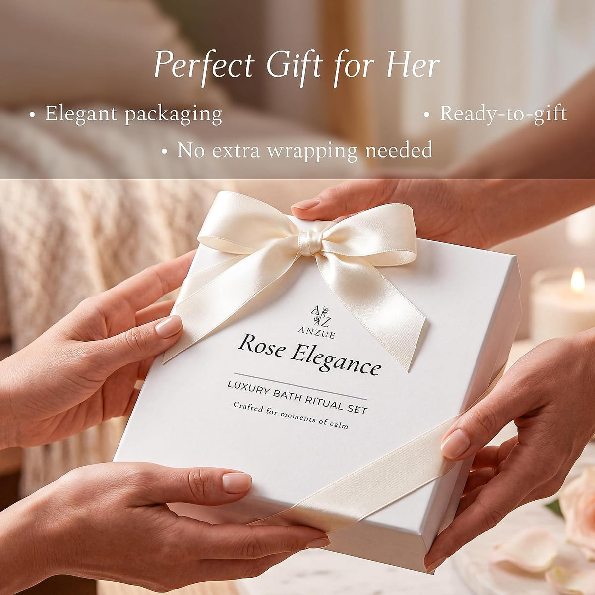 Rose Bath Gift Set for Women – Luxury Spa Gift Basket with Rose Candle, Bath Salt, Bath Bomb, Self Care Kit – Elegant Birthday Gift for Mom, Wife or Girlfriend, Bridal Shower Gifts for Bride