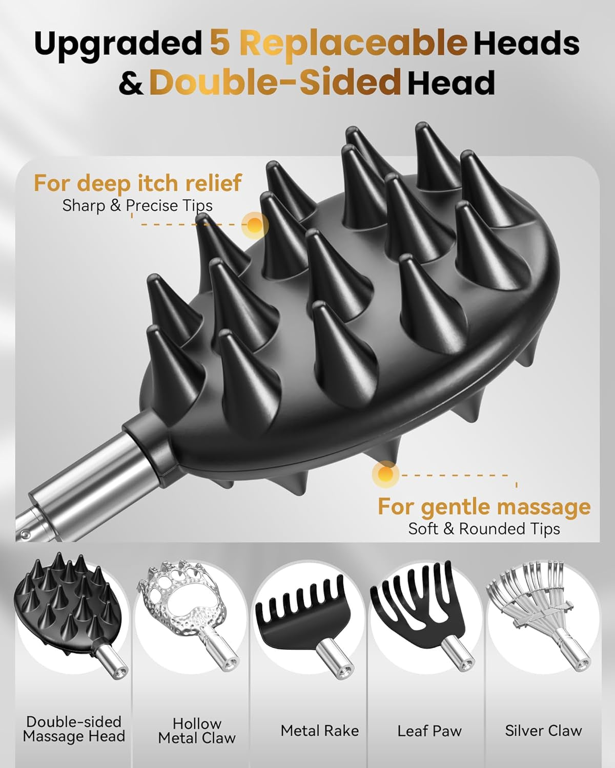 Telescopic Back Scratcher with 5 Detachable Heads, Gifts for Men, Black10-34 Stainless Steel Pole, Rubber Grip, Portable Carry Pouch, Birthday Gifts for Men,Women, Dad and Adults