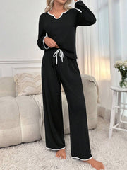 Contrast Trim Notched Long Sleeve Top and Pants Lounge Set Trendsi