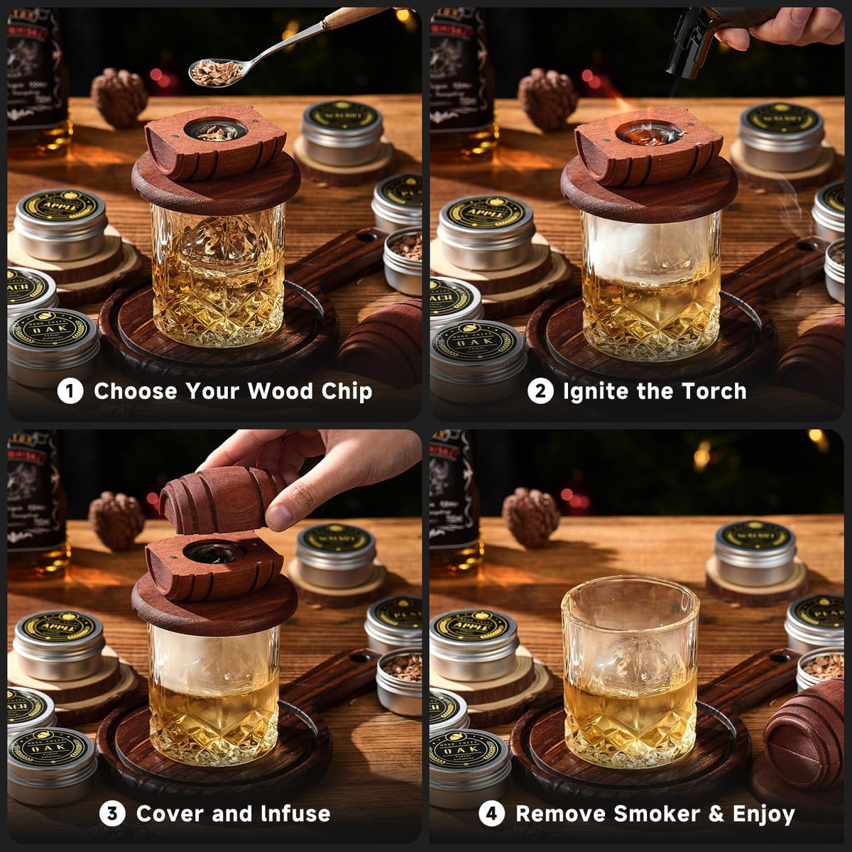 Whiskey Smoker Kit with Torch - 6 Flavors Wood Chips, 2 Glasses, 2 Ice Ball Molds - Cocktail Smoker Infuser Kit, Old Fashioned Drink Smoker Kit, Birthday Bourbon Whiskey Gifts for Men,Dad(No Butane)